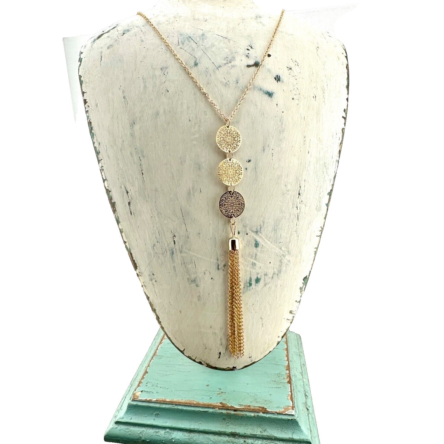Gold Tone Triple Stacked Medallion Necklace With Chain Tassel